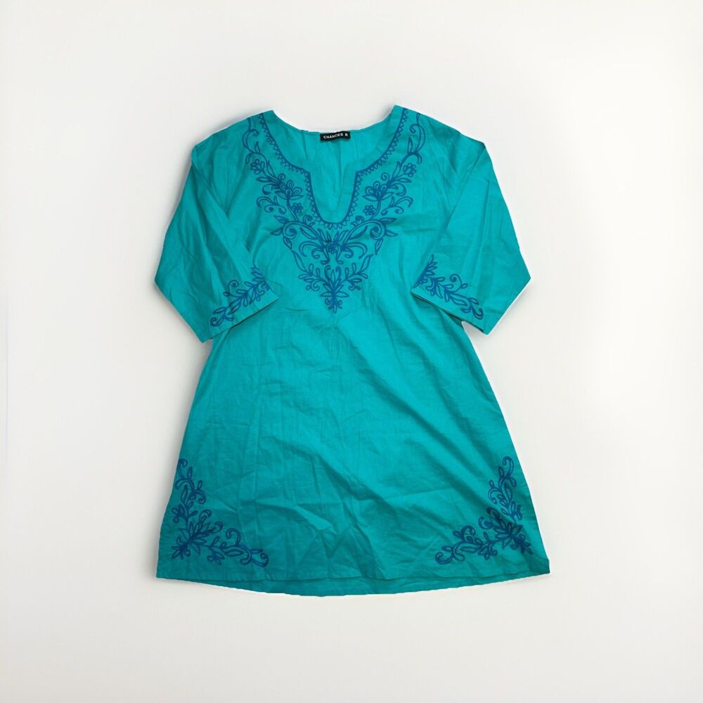 Chances R Blue Embroidered 3/4 Sleeve Cotton Tunic‎ Blouse Resort Wear Women's